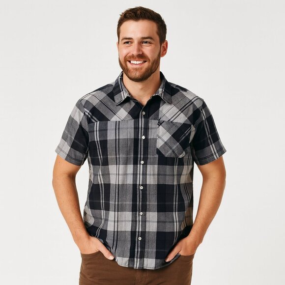 Columbia Men's Black Grey Plaid Short Sleeved Casual Button Down Dress S… - Picture 1 of 12